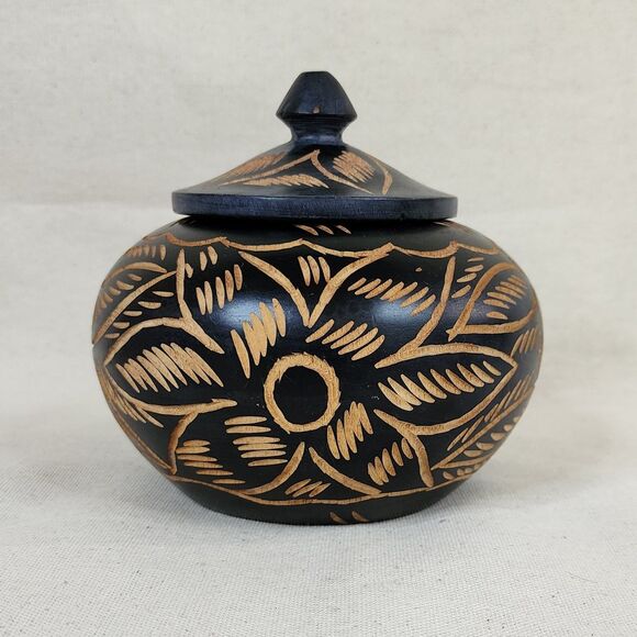 Vintage SE Asian Hand-Carved Black & Natural Wood Lidded Bowl (1950s–1980s) - Picture 1 of 10